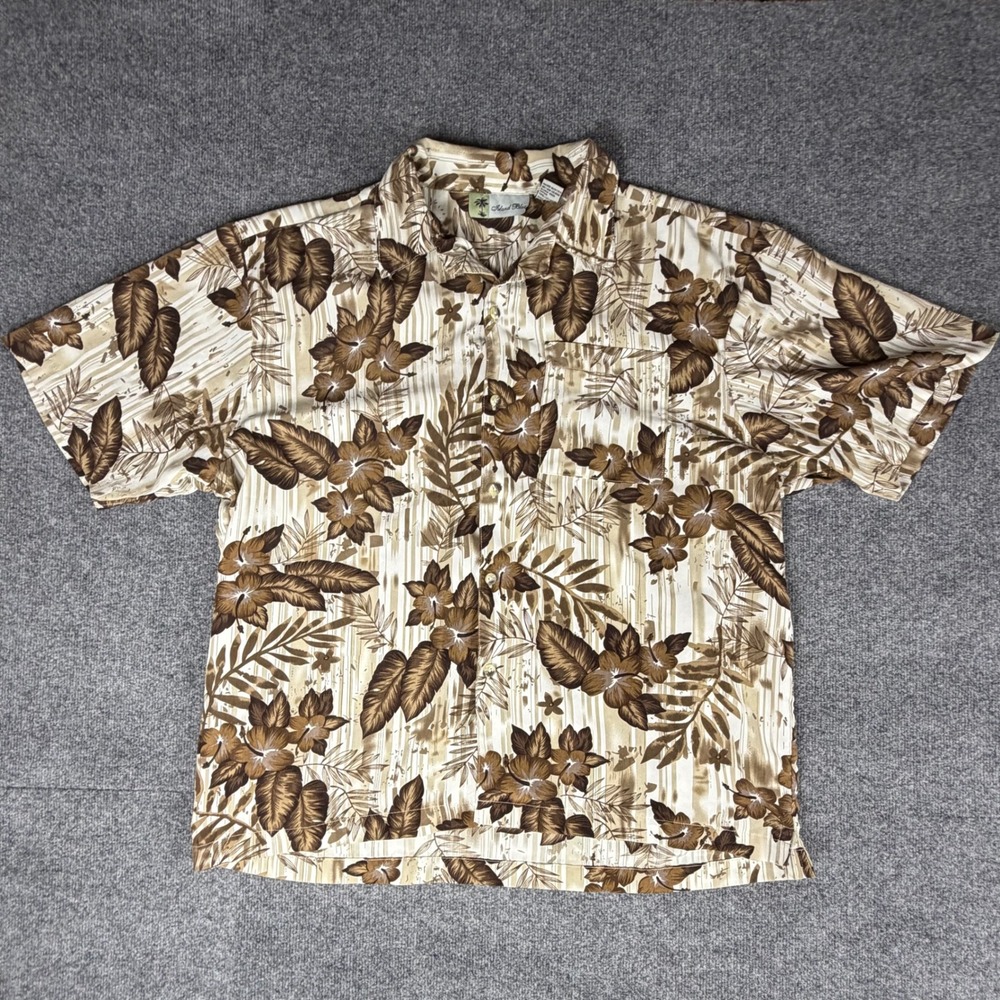 Island Blue Mens XL Brown Tropical Floral RayonAloha Hawaiian Shirt Short Sleeve